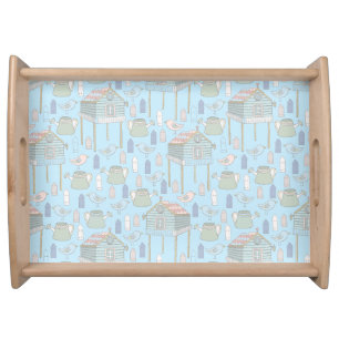 Whimsical Gardener Pattern on Blue Serving Tray