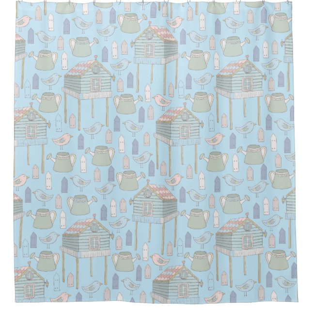 Whimsical Gardener Pattern on Blue Shower Curtain (Front)