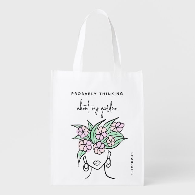 Whimsical Gardener Personalized Floral  Grocery Bag (Front)