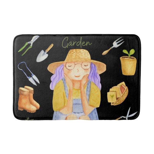 Whimsical Gardening Lady Watercolor Art Bath Mat (Front)
