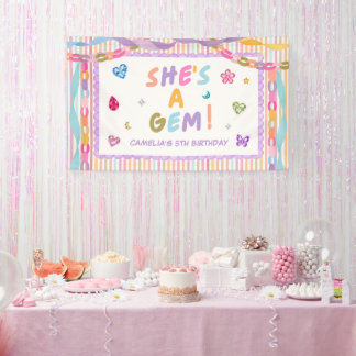 Whimsical Gemstone Colorful Girl Birthday Party Banner