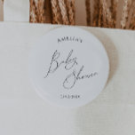 Whimsical Gender Neutral Baby Shower Button<br><div class="desc">Introducing our whimsical gender-neutral baby shower button—perfect for any season, whether it's fall, winter, spring, or summer! This button has a boho-chic vibe with modern, elegant calligraphy and a minimalist black-and-white design. It's pretty and unique, with a touch of vintage shabby chic, making it perfect for both boys and girls....</div>