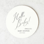 Whimsical Gender Neutral Hello Baby Round Paper Coaster<br><div class="desc">Introducing our whimsical gender-neutral hello baby round paper coaster—perfect for any season, whether it's fall, winter, spring, or summer! This coaster has a boho-chic vibe with modern, elegant calligraphy and a minimalist black-and-white design. It's pretty and unique, with a touch of vintage shabby chic, making it perfect for both boys...</div>