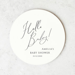 Whimsical Gender Neutral Hello Baby Round Paper Coaster