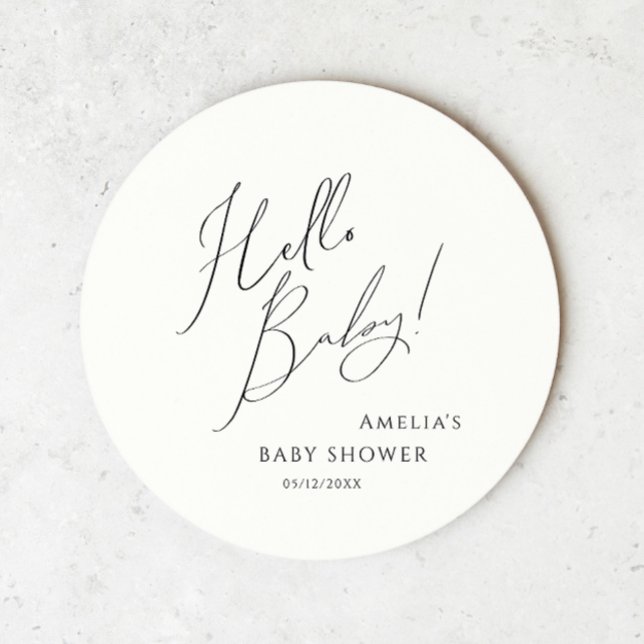 Whimsical Gender Neutral Hello Baby Round Paper Coaster (Creator Uploaded)
