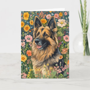 Whimsical German Shepherd in a Flower Garden Card