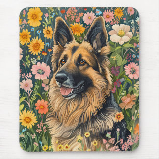 Whimsical German Shepherd in a Flower Garden Mouse Pad