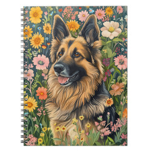 Whimsical German Shepherd in a Flower Garden Notebook