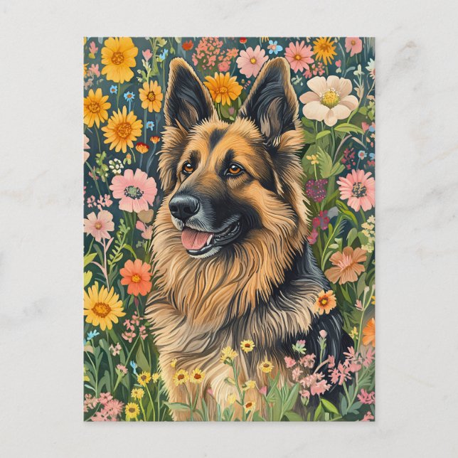 Whimsical German Shepherd in a Flower Garden Postcard (Front)
