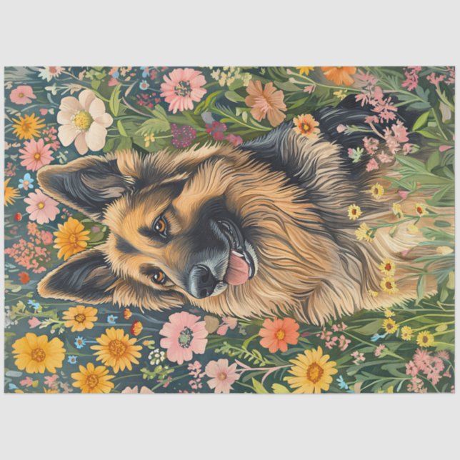 Whimsical German Shepherd in a Flower Garden Tissue Paper (Front)