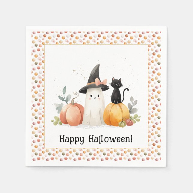 Whimsical Ghost and Black Cat Halloween Napkins (Front)