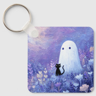 Whimsical Ghost and Cat in Twilight Meadow Keychain