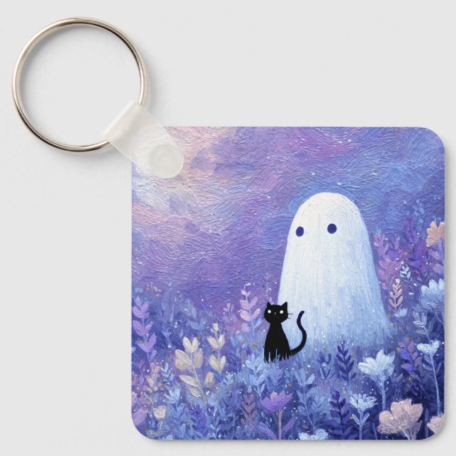 Whimsical Ghost and Cat in Twilight Meadow Keychain (Front)