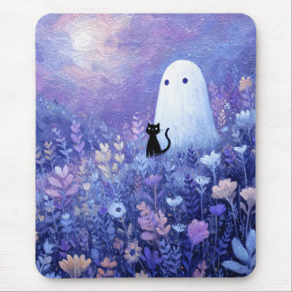 Whimsical Ghost and Cat in Twilight Meadow Mouse Pad