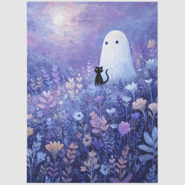 Whimsical Ghost and Cat in Twilight Meadow Tissue Paper (Front)