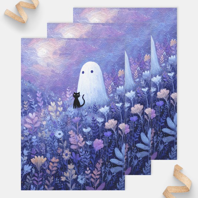 Whimsical Ghost and Cat in Twilight Meadow Wrapping Paper Sheets (Creator Uploaded)