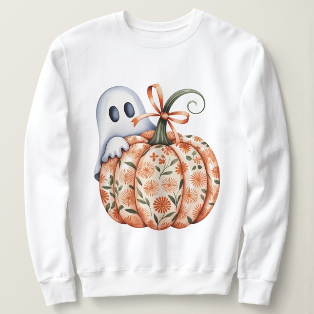 Whimsical Ghost and Floral Pumpkin Peek Halloween  Sweatshirt (Design Front)
