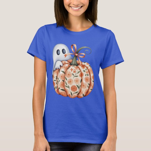Whimsical Ghost and Floral Pumpkin Peek Halloween  T-Shirt (Front)