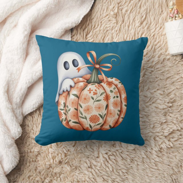 Whimsical Ghost and Floral Pumpkin Peek Halloween  Throw Pillow (Blanket)