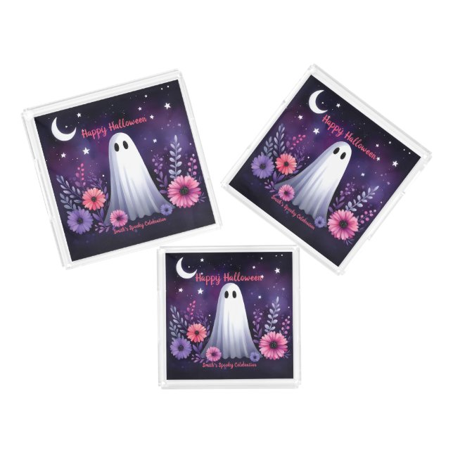 Whimsical Ghost and Floral Spooky Pink Purple Acrylic Tray (Set)