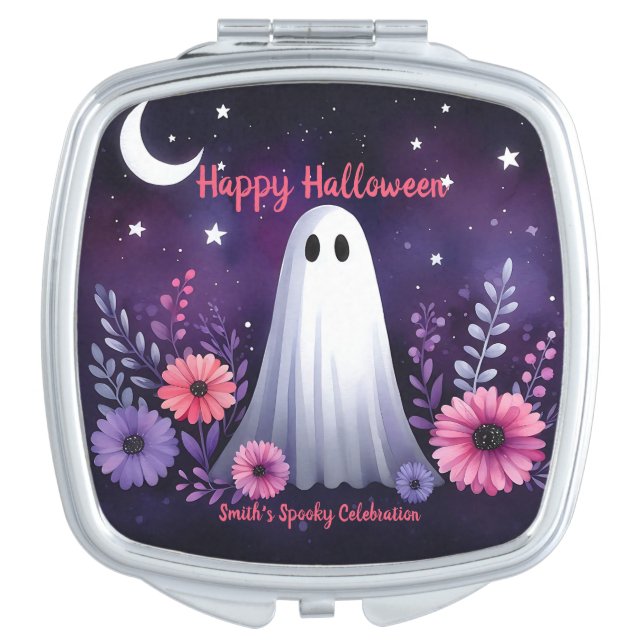 Whimsical Ghost and Floral Spooky Pink Purple Compact Mirror (Front)