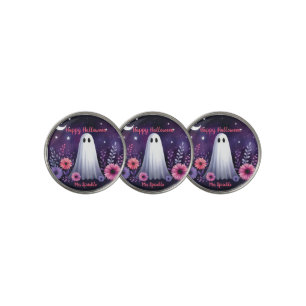 Whimsical Ghost and Floral Spooky Pink Purple Golf Ball Marker