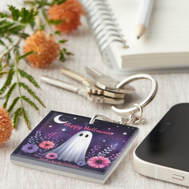Whimsical Ghost and Floral Spooky Pink Purple Keychain (Front Right)