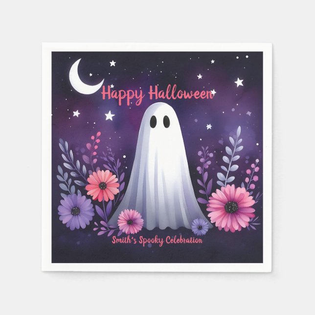 Whimsical Ghost and Floral Spooky Pink Purple Napkins (Front)