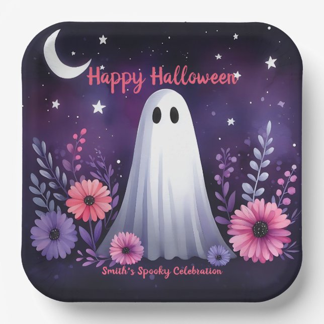 Whimsical Ghost and Floral Spooky Pink Purple Paper Plates (Front)