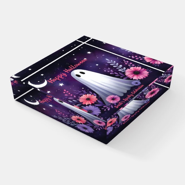 Whimsical Ghost and Floral Spooky Pink Purple Paperweight (Angled)