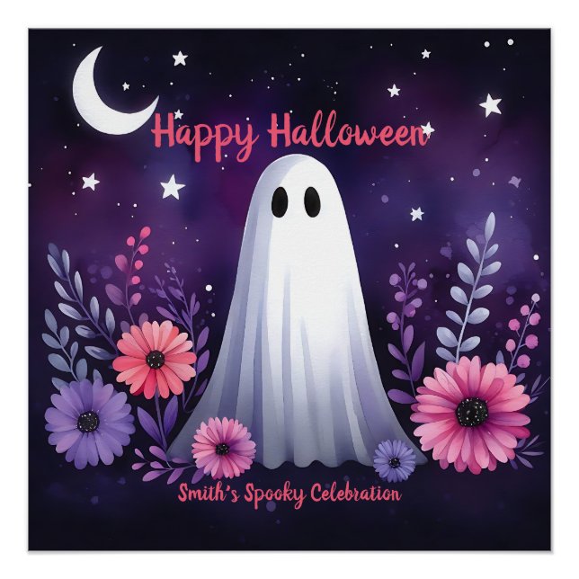 Whimsical Ghost and Floral Spooky Pink Purple  Poster (Front)