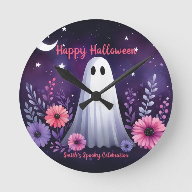 Whimsical Ghost and Floral Spooky Pink Purple Round Clock (Front)