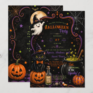 Whimsical Ghost Black Kitten Pumpkins Halloween Invitation