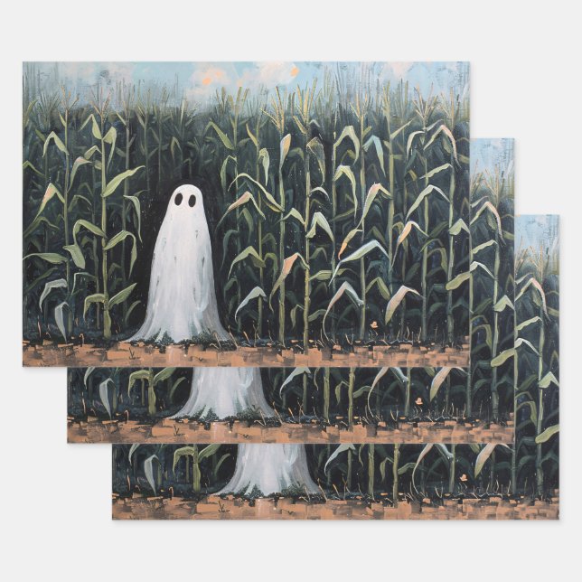 Whimsical Ghost Corn Field Decoupage Wrapping Paper Sheets (Set)
