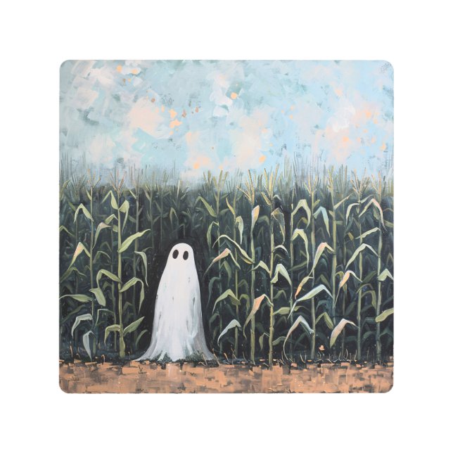 Whimsical Ghost Corn Field Painting Metal Print (Front)