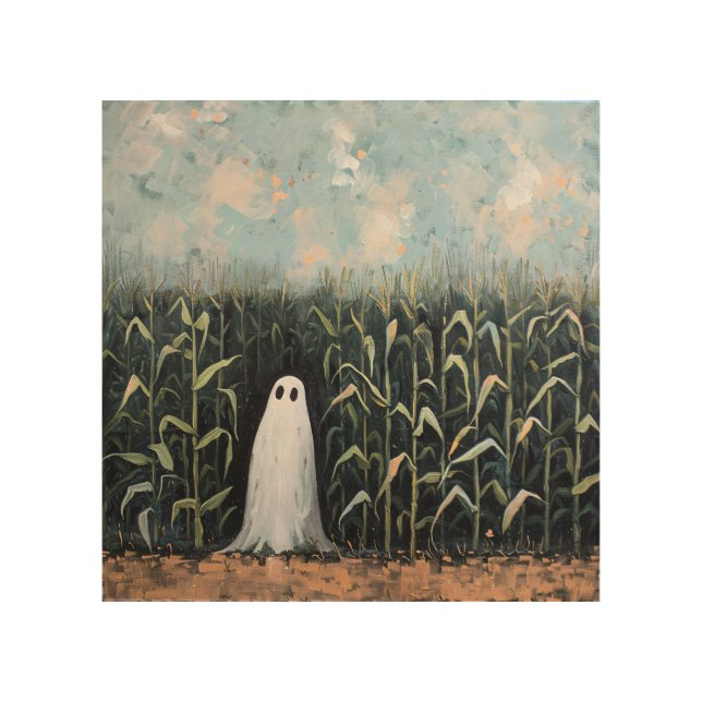 Whimsical Ghost Corn Field Painting Wood Wall Art (Front)