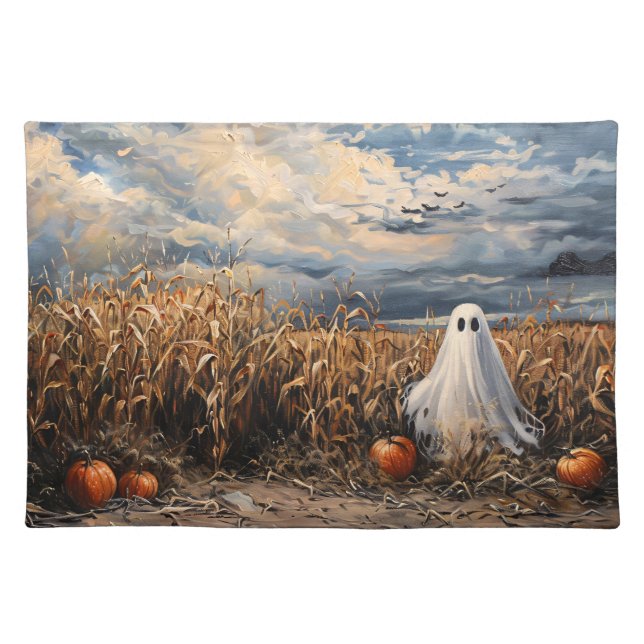 Whimsical Ghost Corn Field Pumpkins Cloth Placemat (Front)