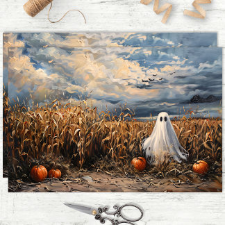 Whimsical Ghost Corn Field Pumpkins Decoupage Tissue Paper