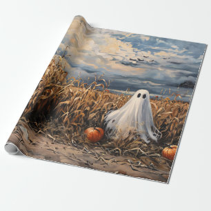 Whimsical Ghost Corn Field Pumpkins Decoupage Wrapping Paper