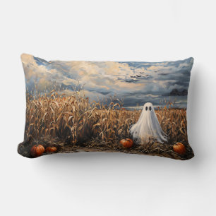 Whimsical Ghost Corn Field Pumpkins Lumbar Pillow