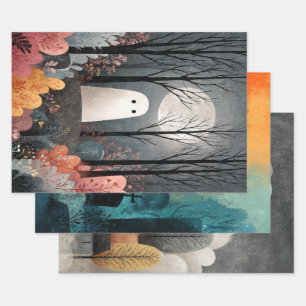 Whimsical Ghost Illustration Spooky Cute Halloween Wrapping Paper Sheets