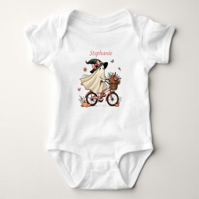 Whimsical Ghost Witch Riding Bicycle  Baby Bodysuit (Front)