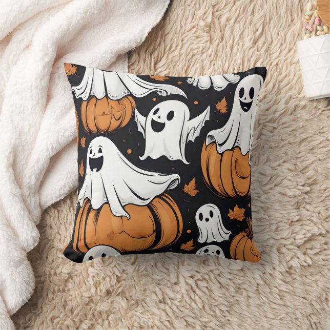 Whimsical ghosts playing among Halloween pumpkins Throw Pillow (Blanket)