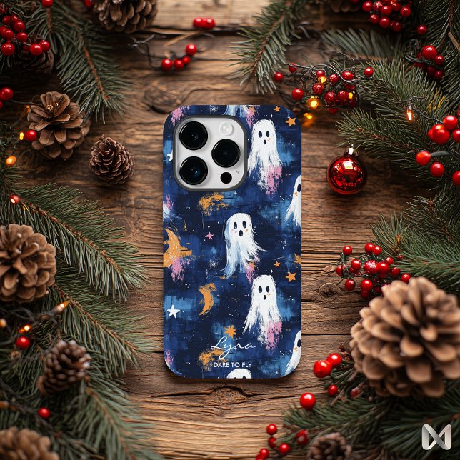 Whimsical Ghosts with Moons and Stars on Deep Blue Case-Mate iPhone Case (Creator Uploaded)