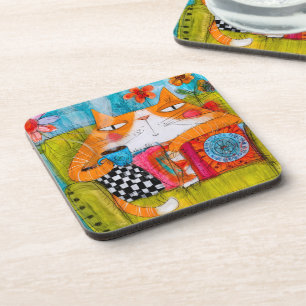Whimsical Ginger Cat with Cup of Tea Beverage Coaster