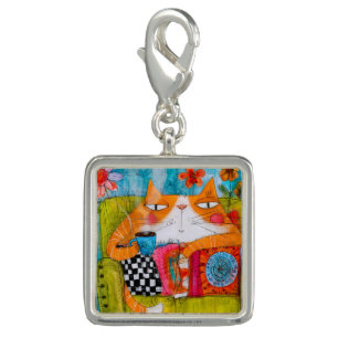 Whimsical Ginger Cat with Cup of Tea Charm