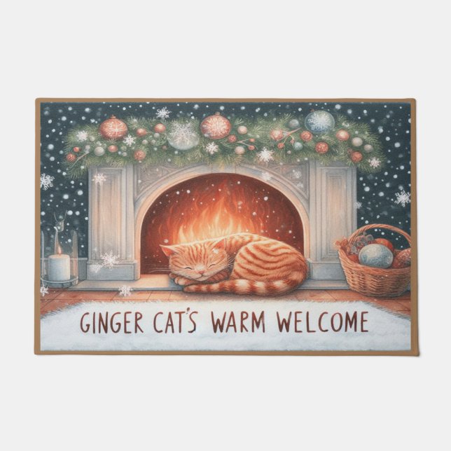 Whimsical Ginger Cat's Warm Welcome Christmas Doormat (Front)