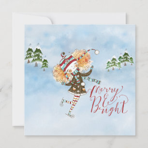 Whimsical Ginger Hair Ice Skater Holiday Flat Card