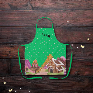 Whimsical gingerbread Christmas scene green Apron