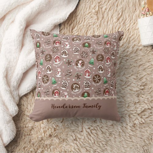 Whimsical Gingerbread Family Name Christmas Throw Pillow